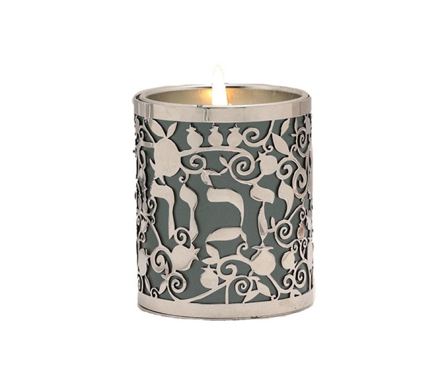 Yahrzeit Memorial Candle Holder with Yizkor & Pomegranates Cutout, Gray - Yair Emanuel