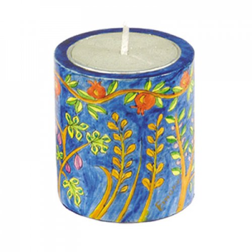 Yahrzeit Memorial Hand Painted Wood Candle Holder, Seven Species - Yair Emanuel