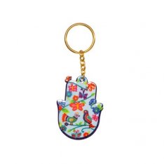 Yair Emanuel Gold Key Chain - Colorful Hamsa with Birds, Flowers and Butterflies