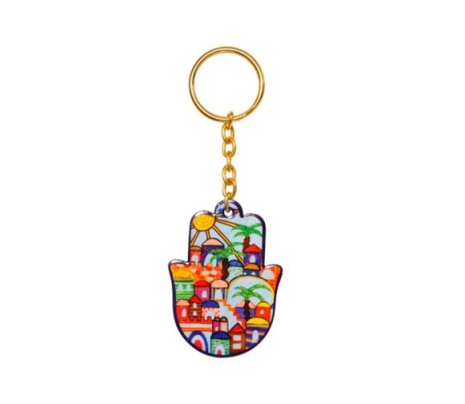 Yair Emanuel Gold Key Chain with Enamel Finish - Hamsa Hand with Jerusalem Images