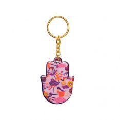 Yair Emanuel Gold Key Chain with Enamel Finish - Hamsa Hand with Pink Fairies