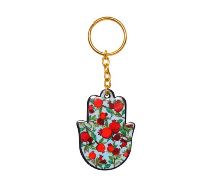 Yair Emanuel Gold Key Chain with Enamel Finish - Hamsa Hand with Red Pomegranates