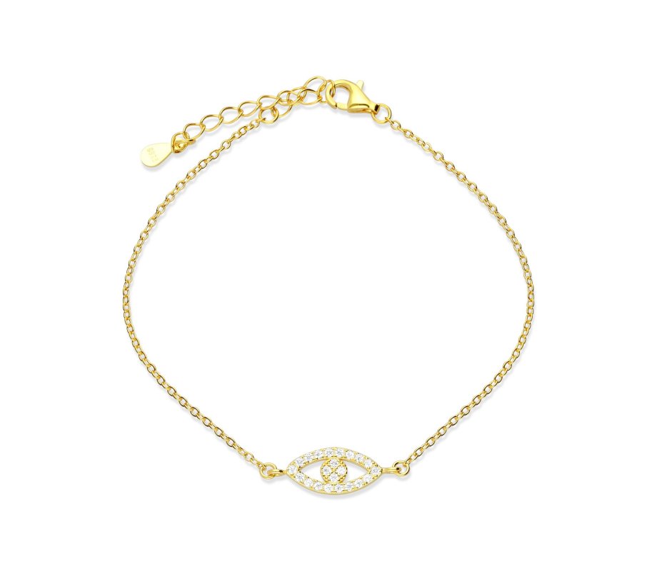 Yellow Gold Plated Sterling Silver Bracelet – Zircon Decorated Evil Eye Amulet