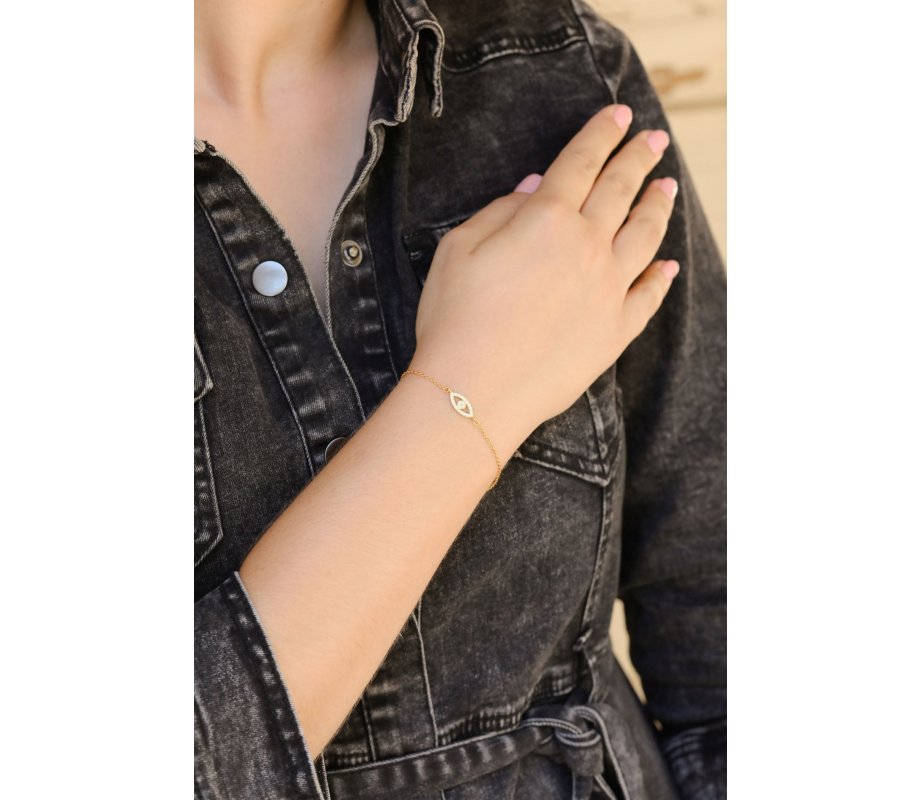 Yellow Gold Plated Sterling Silver Bracelet – Zircon Decorated Evil Eye Amulet