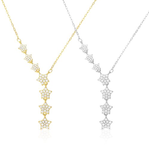 Zircon Studded Stars on Sterling Silver Lariat Necklace - Choose Yellow Gold or Silver