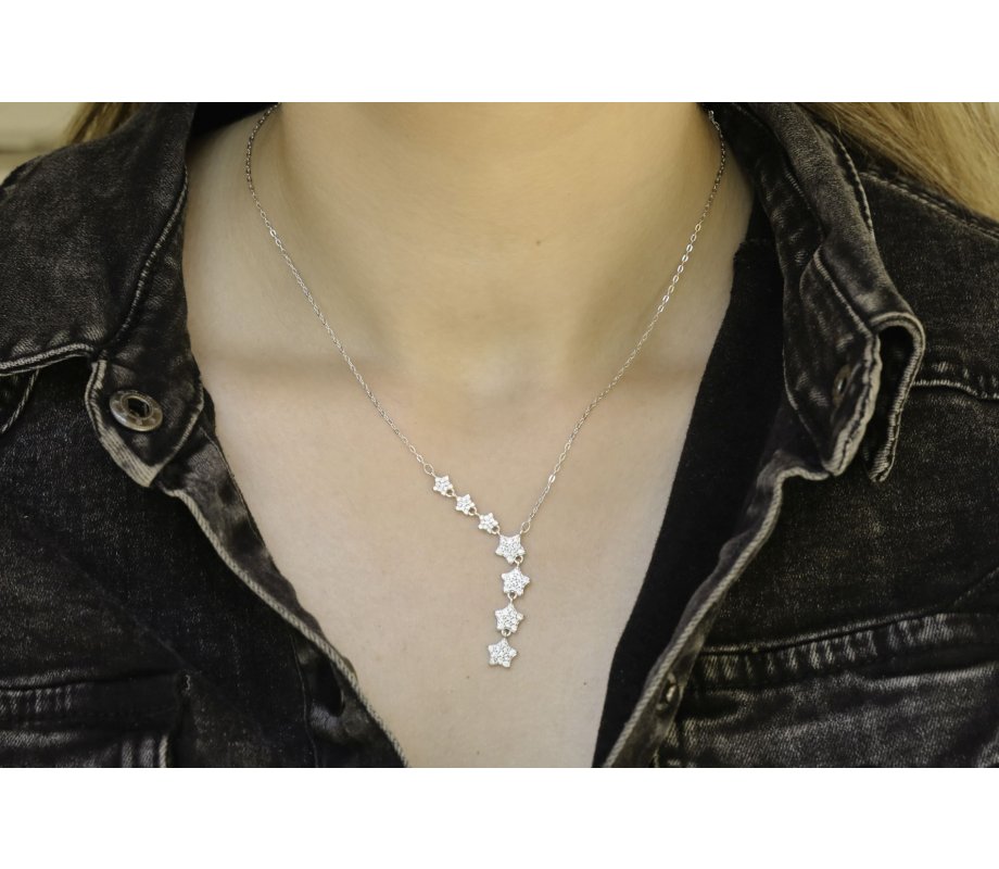 Zircon Studded Stars on Sterling Silver Lariat Necklace - Choose Yellow Gold or Silver